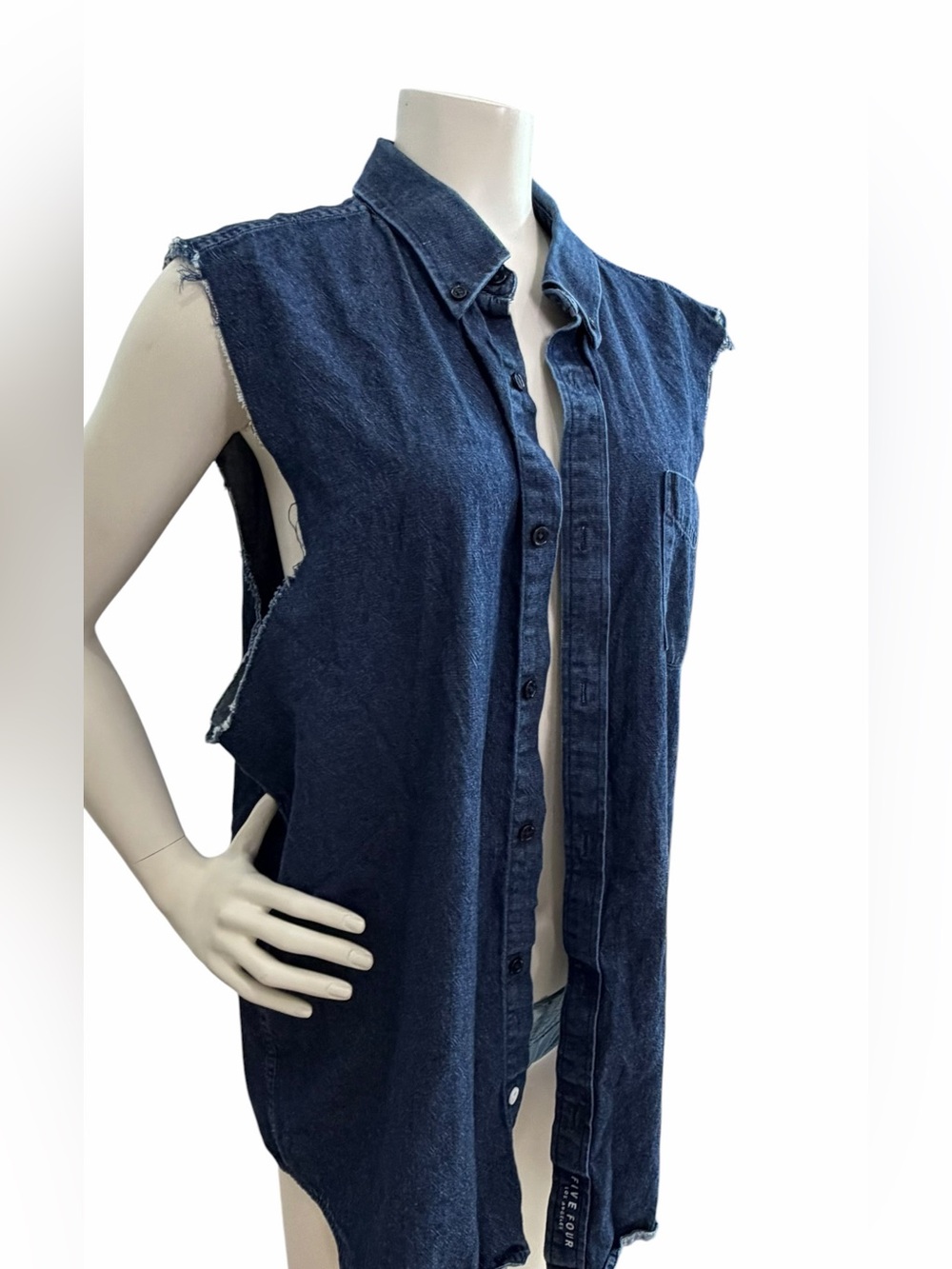 Oversized Dark Wash Sleeveless Denim Shirt | Raw Edge Grunge Y2K Utility